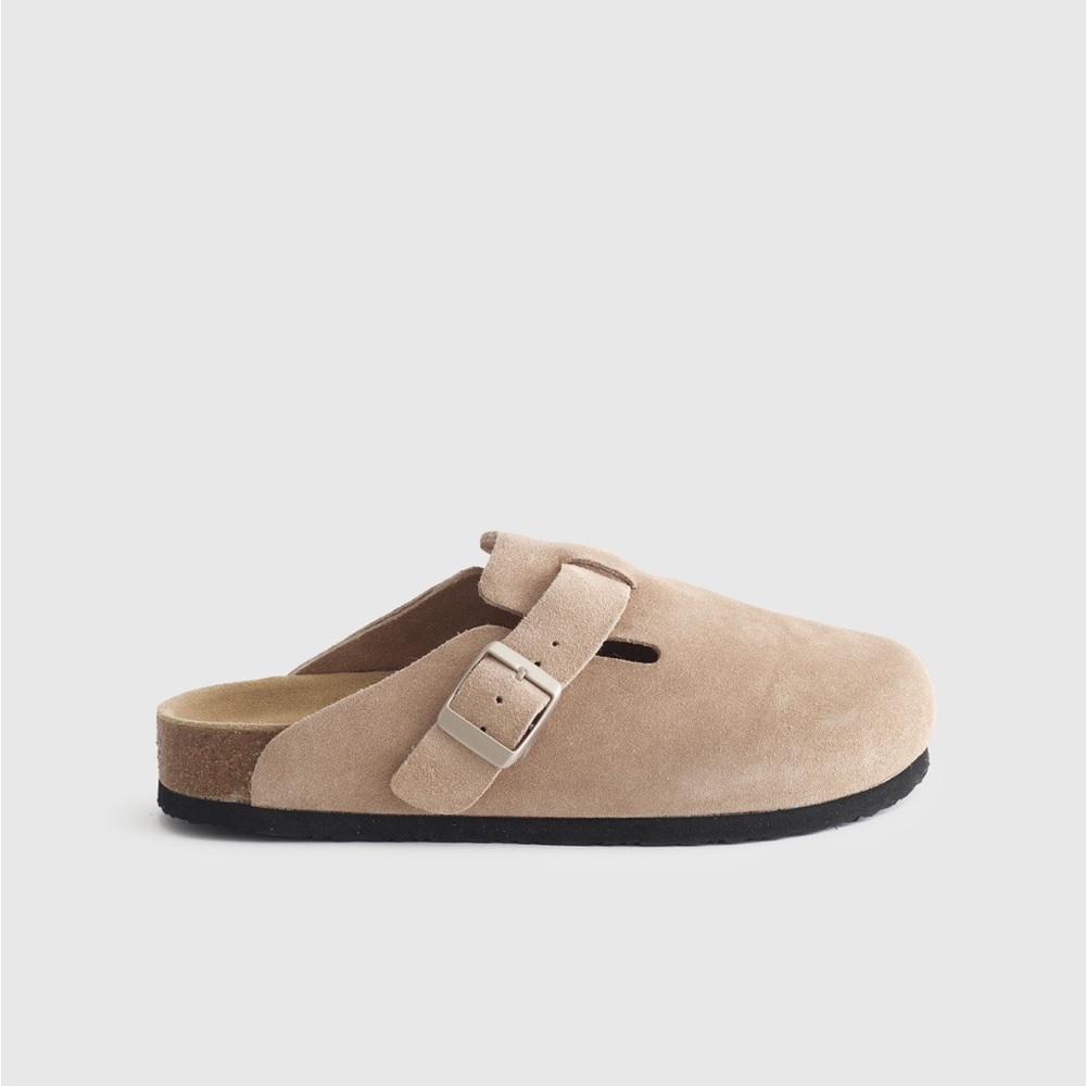 Quince Beige Suede Buckle Clog Mule Size 6